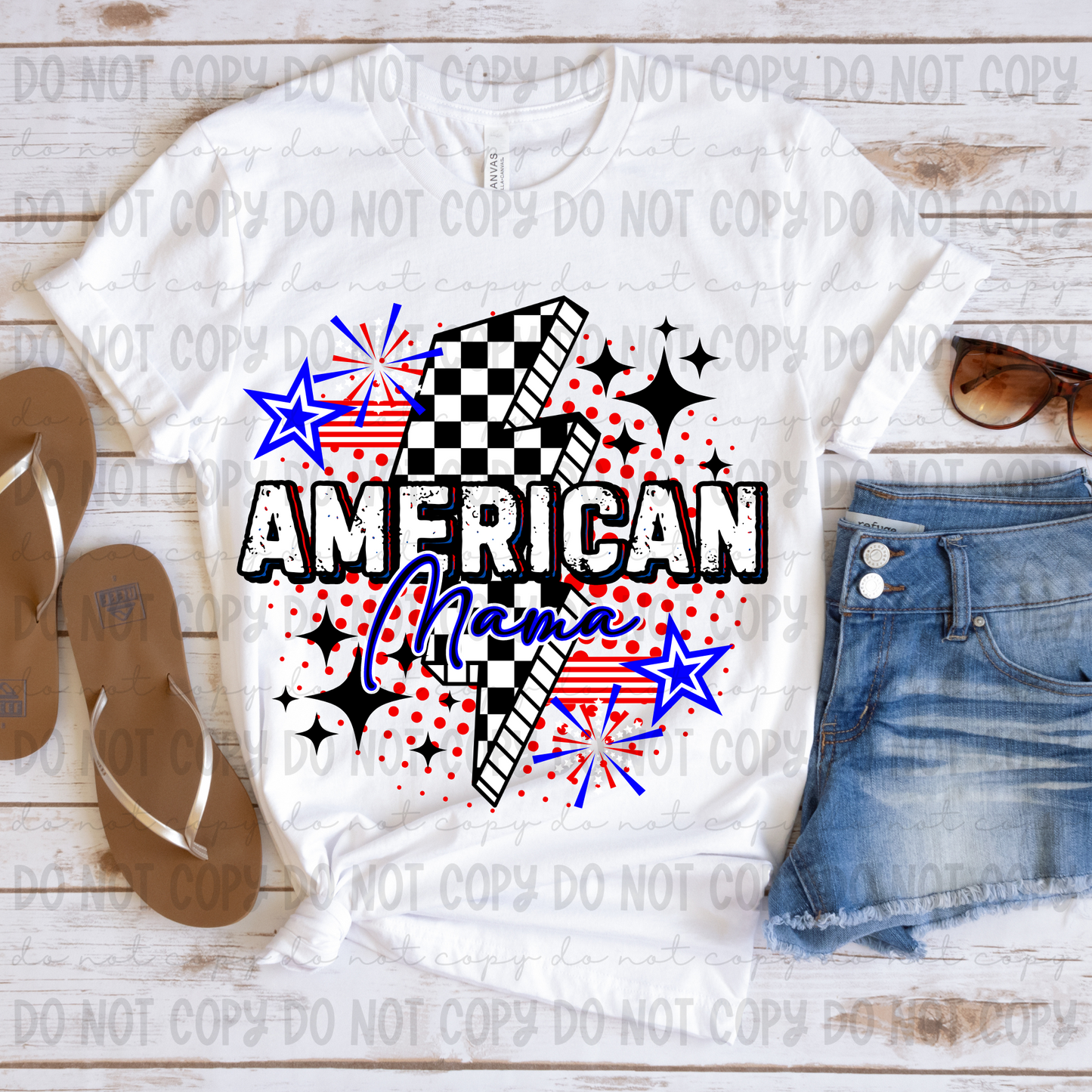 American Mama Checkered Bolt Blue Script - PNG