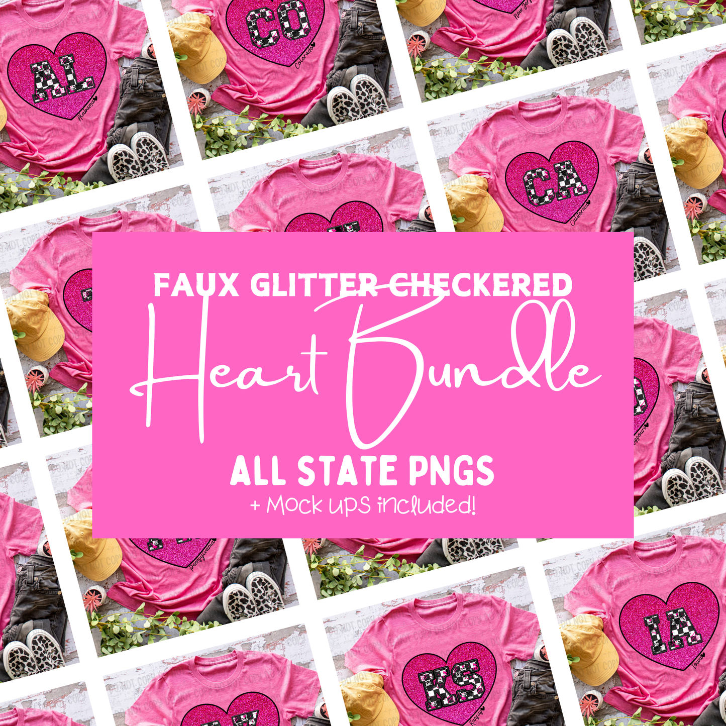 Faux Glitter Heart Checkered State Bundle - PNG