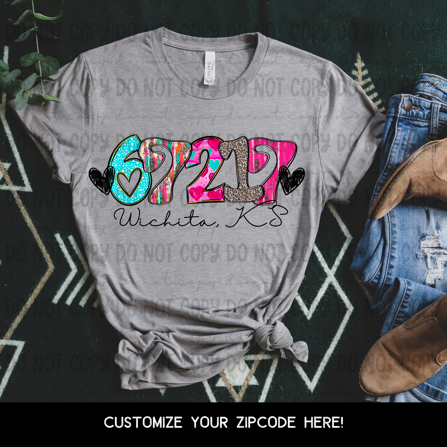 Custom State Script ZIPCODE Crazy Hearts  - Digital PNG